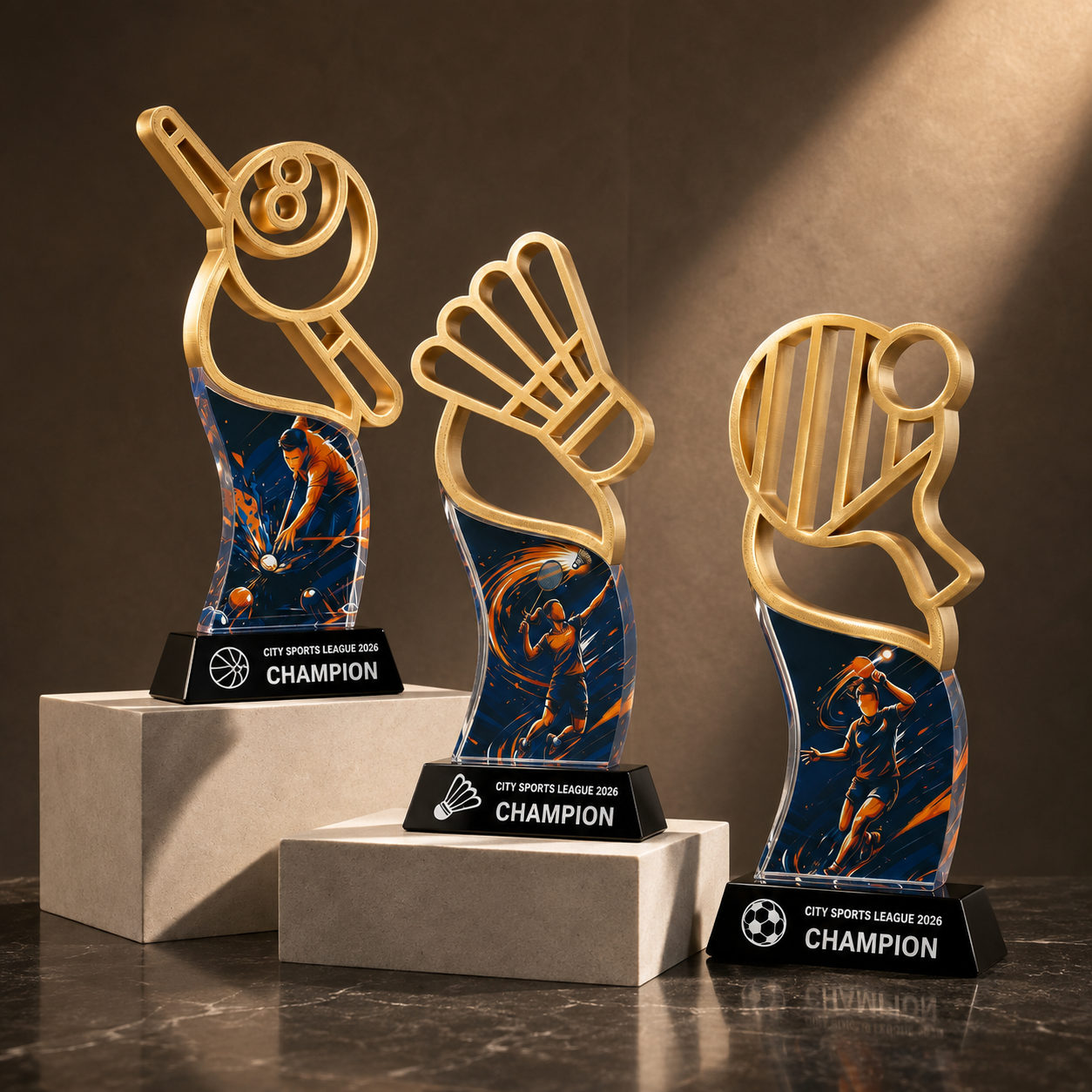 Personalized Crystal Trophy with 3D Printed Sport Emblem|Engraved Base|客製化水晶運動獎盃 3D立體金雕造型 可訂製賽事名稱與獎項