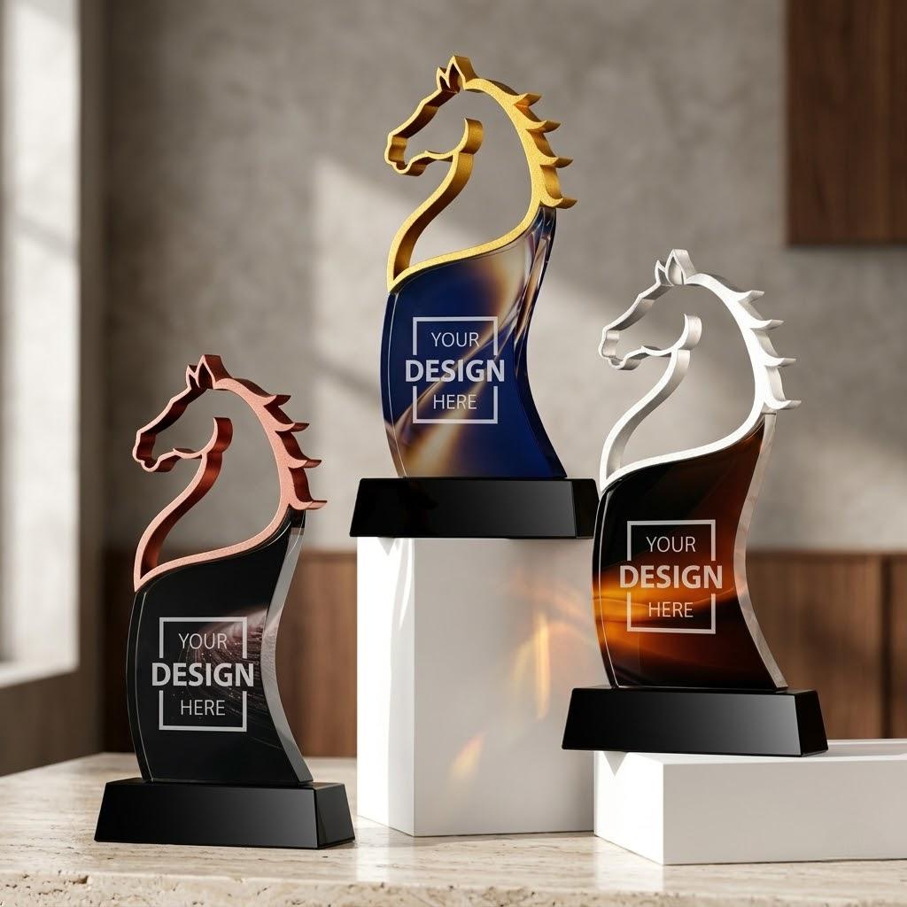 Customized year of horse creative crystal trophies to award outstanding employees | 客製化創意馬年水晶獎座頒獎典禮比賽獎盃