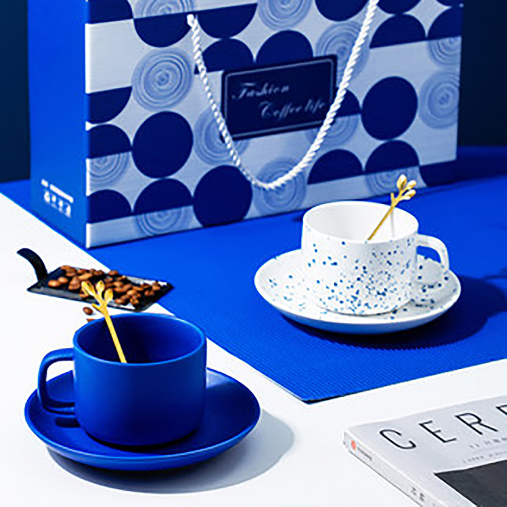 【水樽杯子】克萊因藍陶瓷咖啡杯碟帶勺 客製logo情侶杯