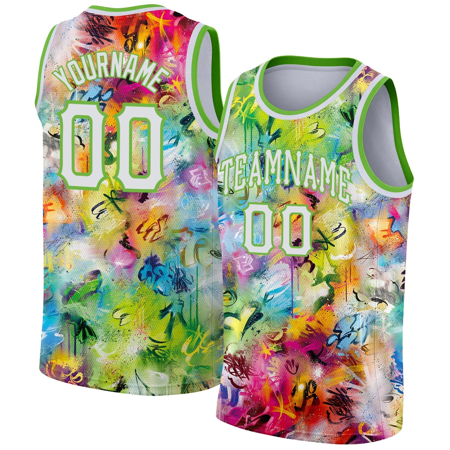 Custom Scratch Graffiti Pattern-White Neon Green 3D Basketball Jersey