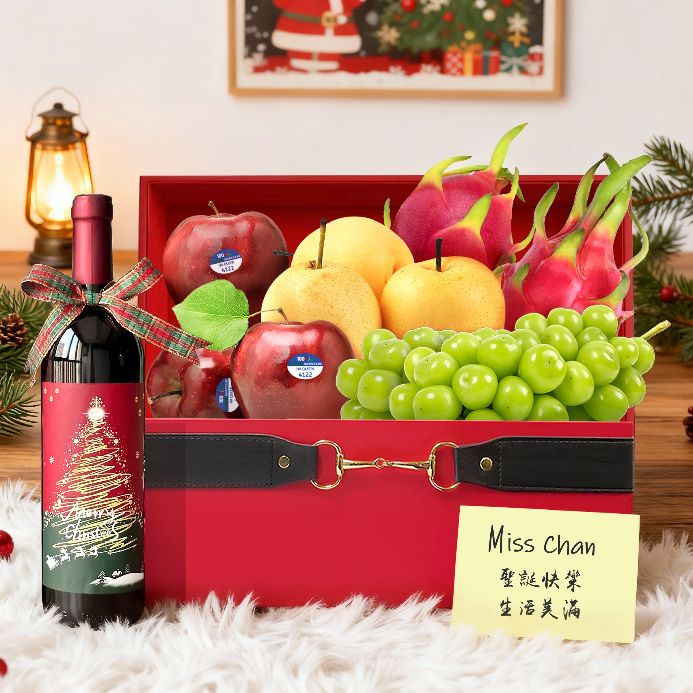 【聖誕水果禮籃】紅酒水果禮籃  Christmas Wine Fruit Hamper  送長輩果籃 聖誕禮物 慶祝節日送禮 企業送客戶