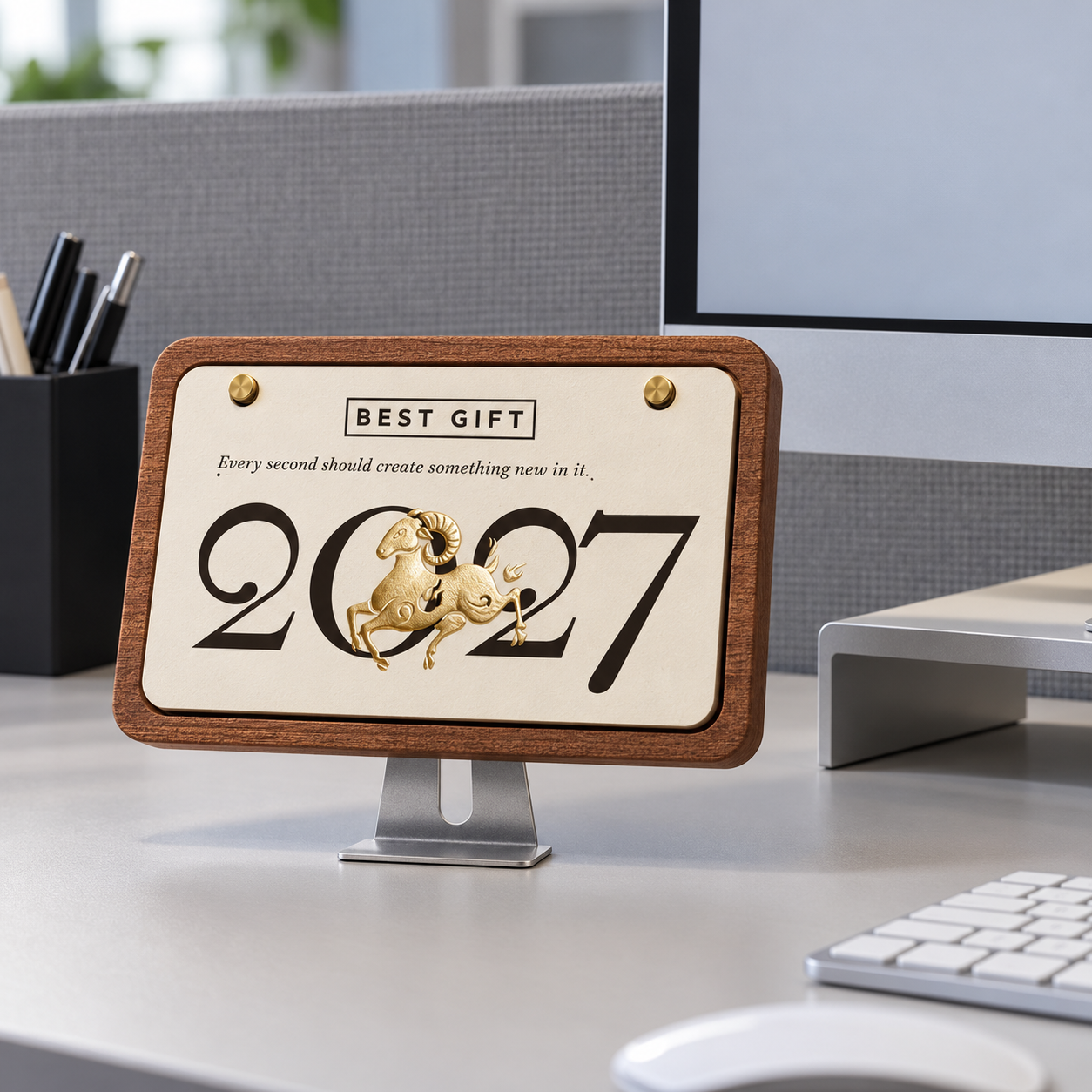 2027 Monitor-Style Desk Calendar with Golden Goat Detail | 2027金羊電腦造型檯曆 新年桌面擺設 企業訂製禮品