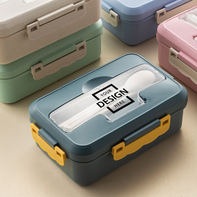 Office students bring a plastic lunch box with a spoon