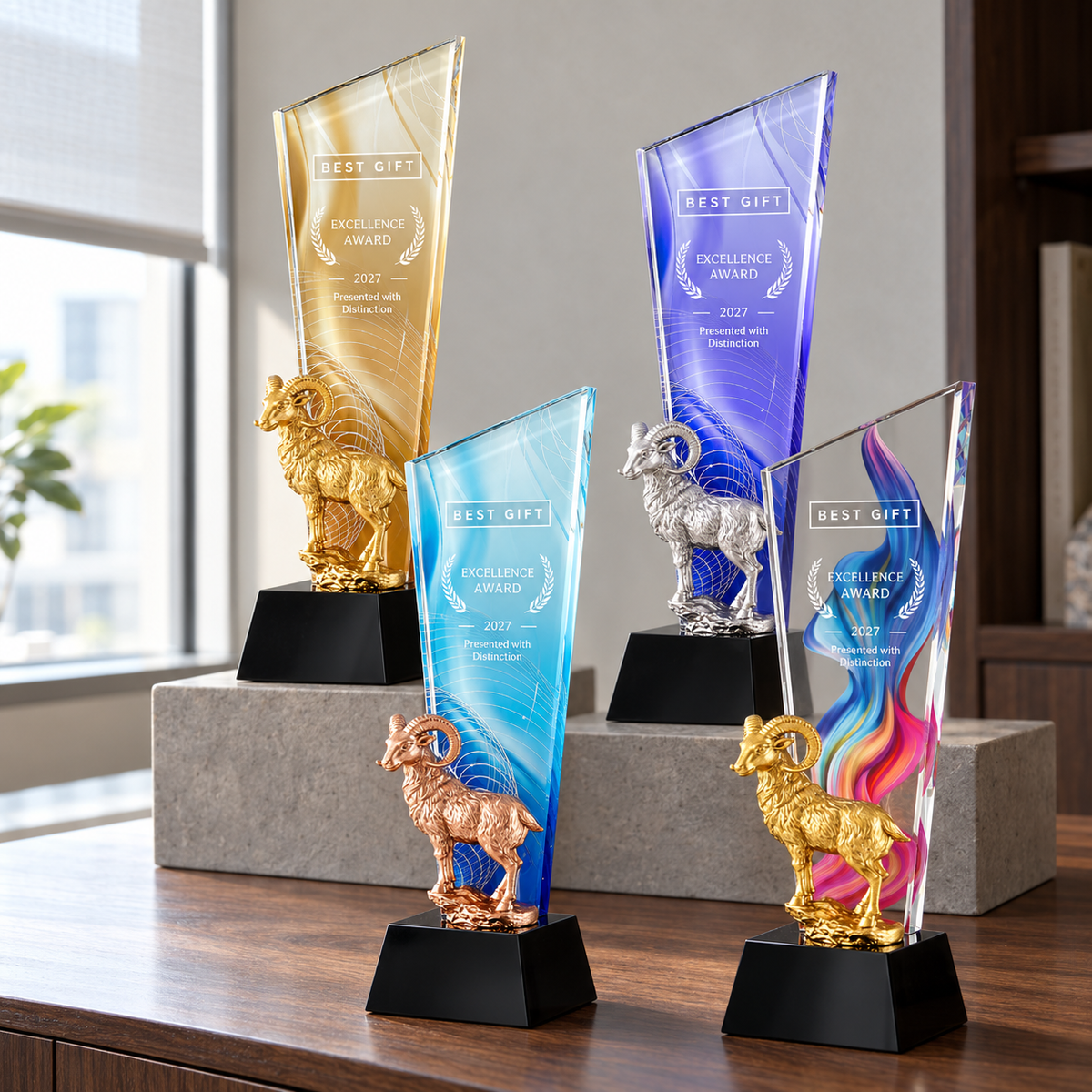 Customizable Ram Figurine Award Trophy | 立體公羊高身斜頂獎杯 2027羊年獎杯 企業年度頒獎及嘉許訂製禮品