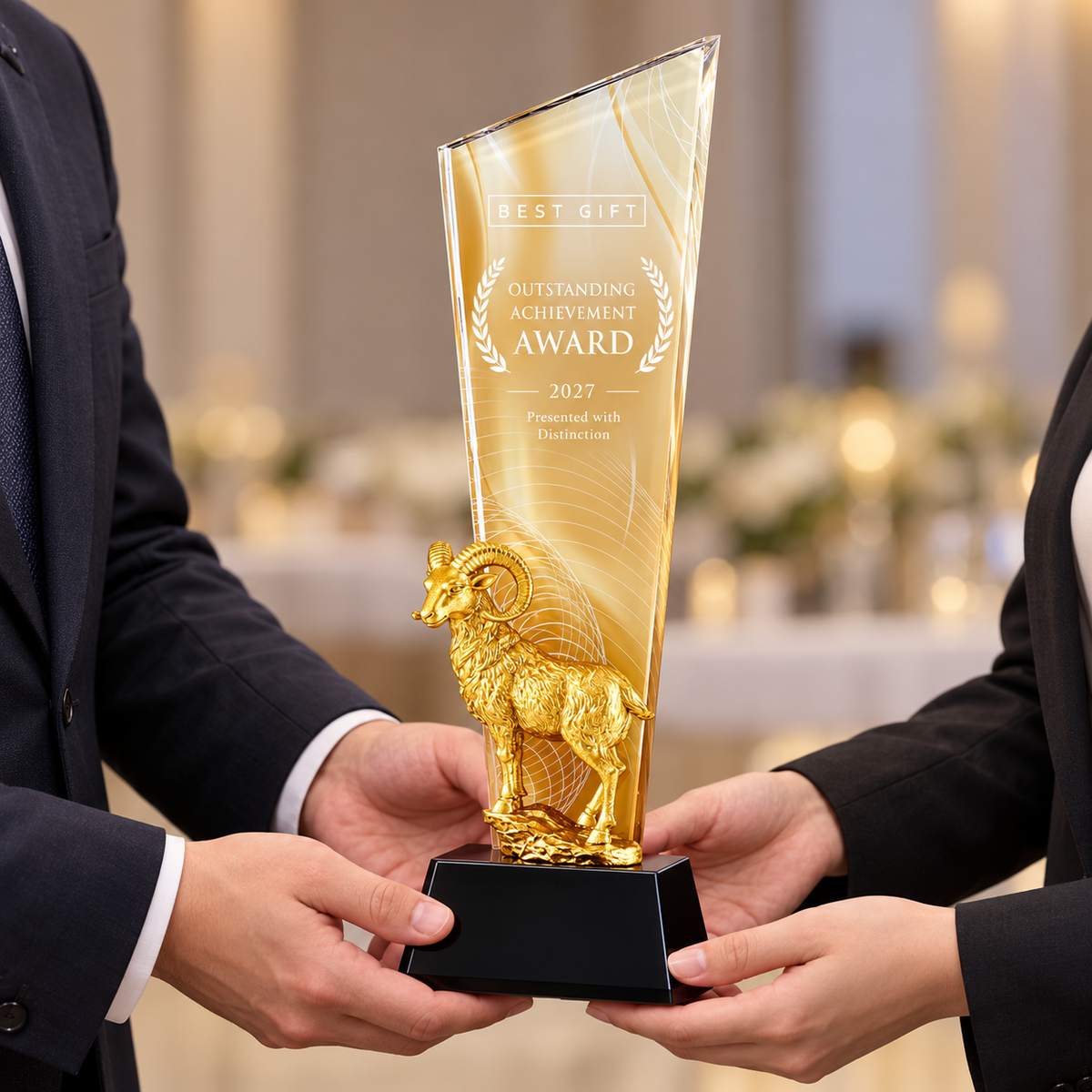 Customizable Ram Figurine Award Trophy | 立體公羊高身斜頂獎杯 2027羊年獎杯 企業年度頒獎及嘉許訂製禮品