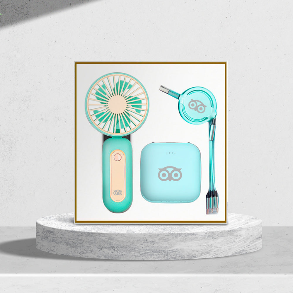 Customized Neck Hanging Fan + Power Bank + Retractable Charging Cable Business Gift Set BG28-34