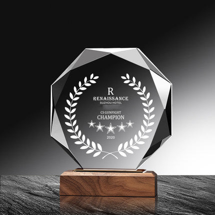 Solid Wood Base Octagon Crystal Trophy Eco-Friendly 創意商務獎盃八角水晶獎盃定制