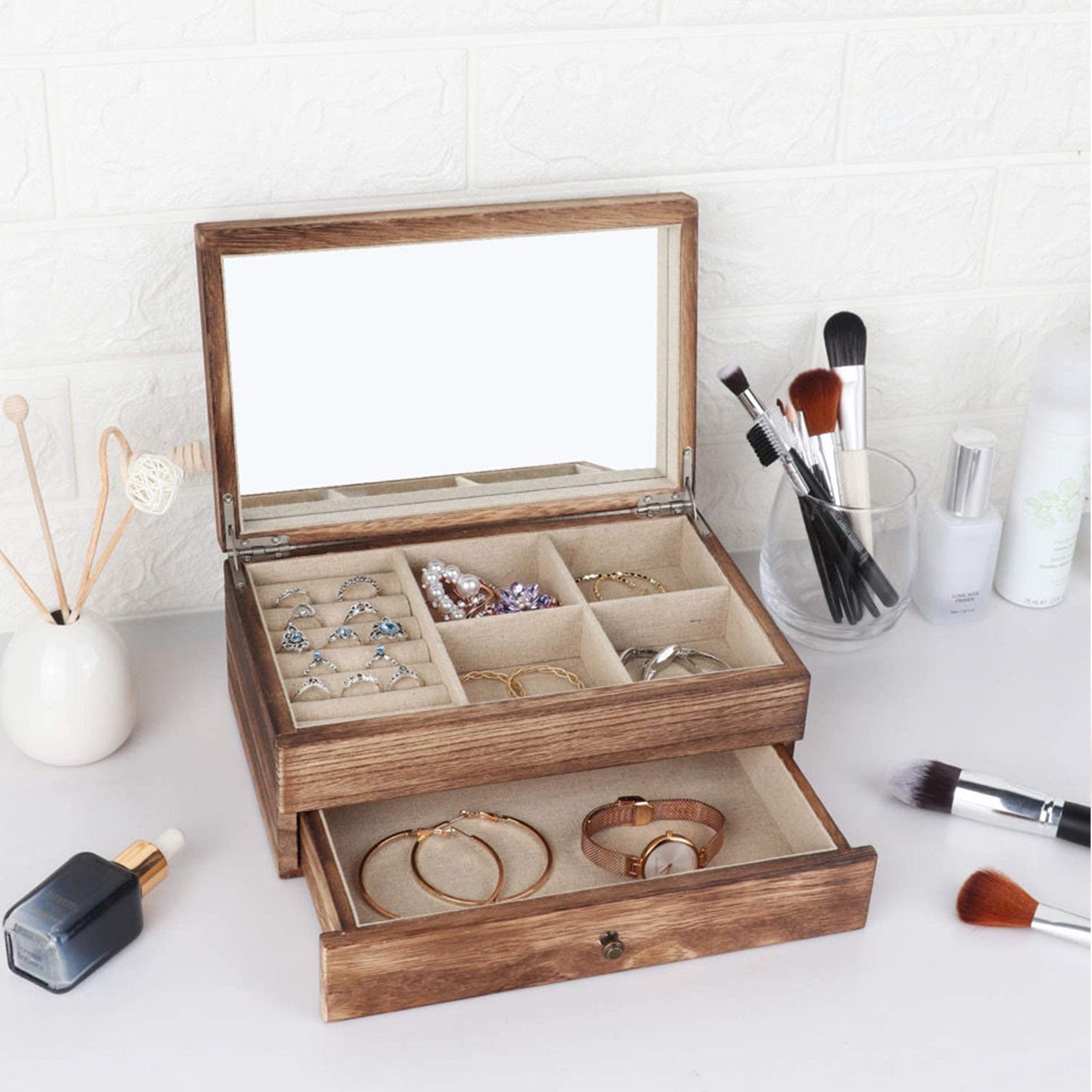 Minimalism Homeware Jewelry Box | 木盒首飾盒雙層女士帶鏡子木質展示盒定制BG23-12