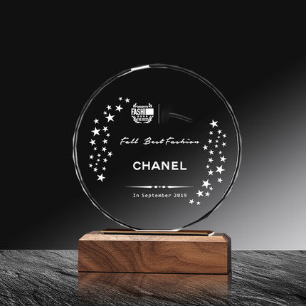 Solid Wood Base Simple Round Crystal Trophy | 創意圓形紀念品水晶獎盃定制BG20-3