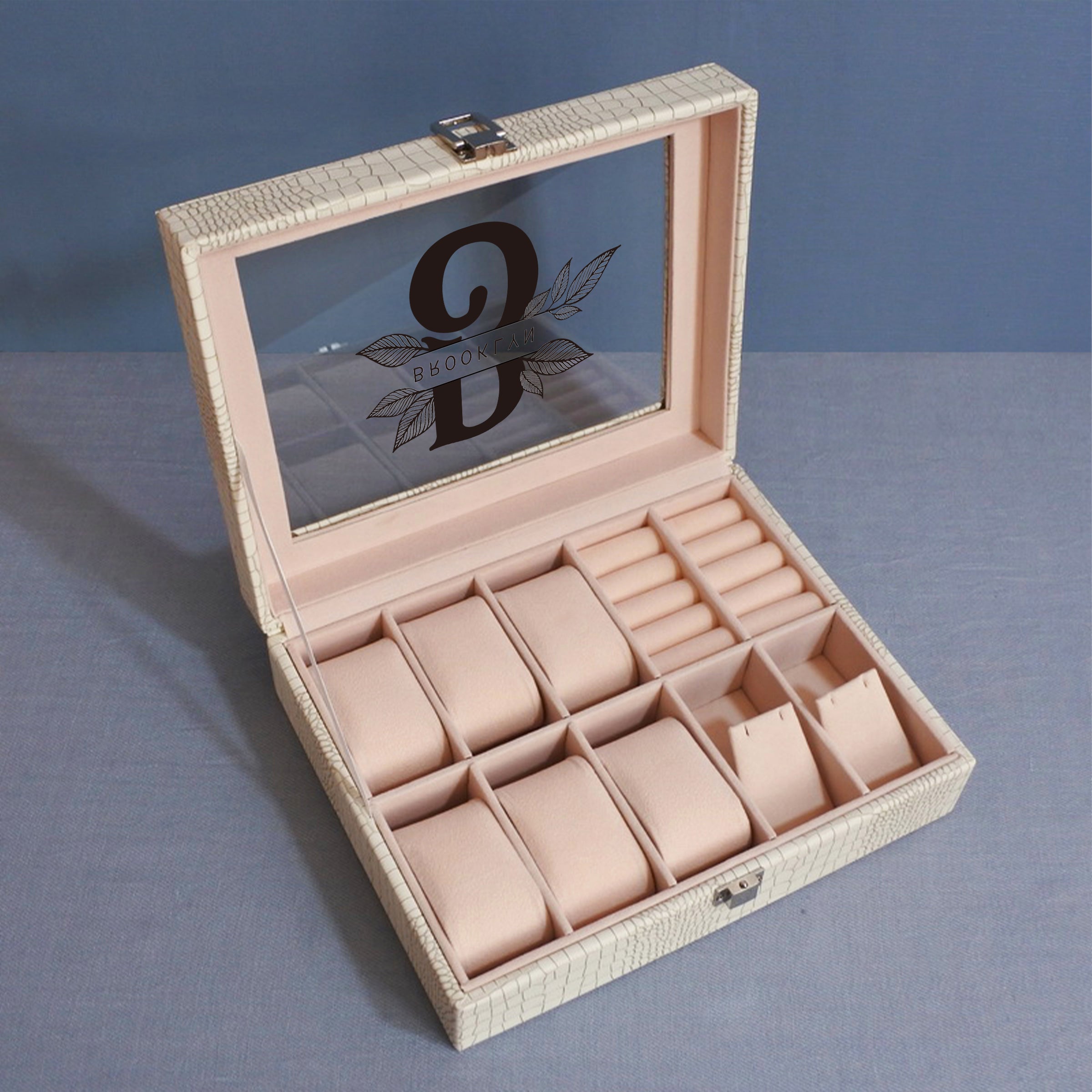 PU  Homeware Jewelry Box | 玻璃蓋仿古鱷魚紋皮革首飾盒高檔裝飾首飾盒定制BG23-10