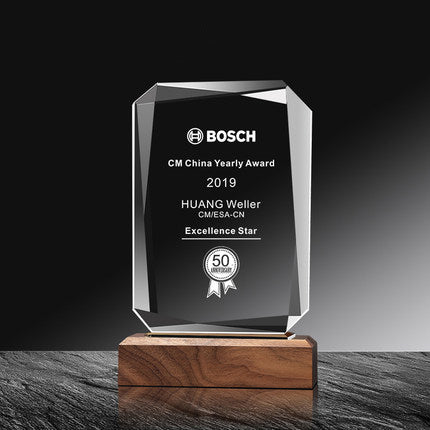 Solid Wood Base Rectangle Cut Crystal Trophy ESG Trophy | 創意企業活動紀念品水晶獎盃定制