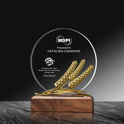 Round Golden Ears of Wheat Crystal Trophy | 創意小麥圖案紀念品水晶實木環保獎盃定制