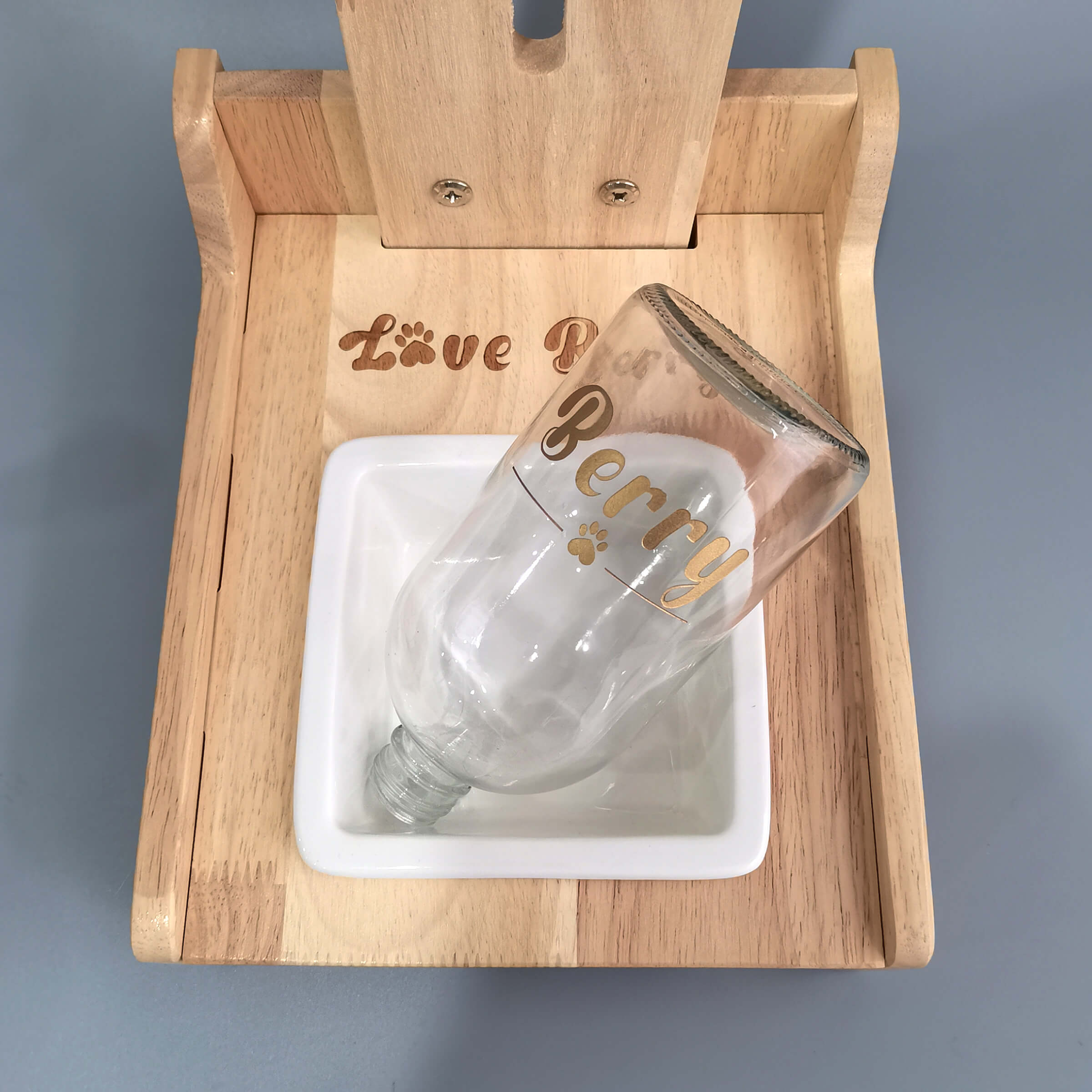 【Pet Shop系列】訂製寵物立式飲水器陶瓷碗 厚實實木架BG03-2